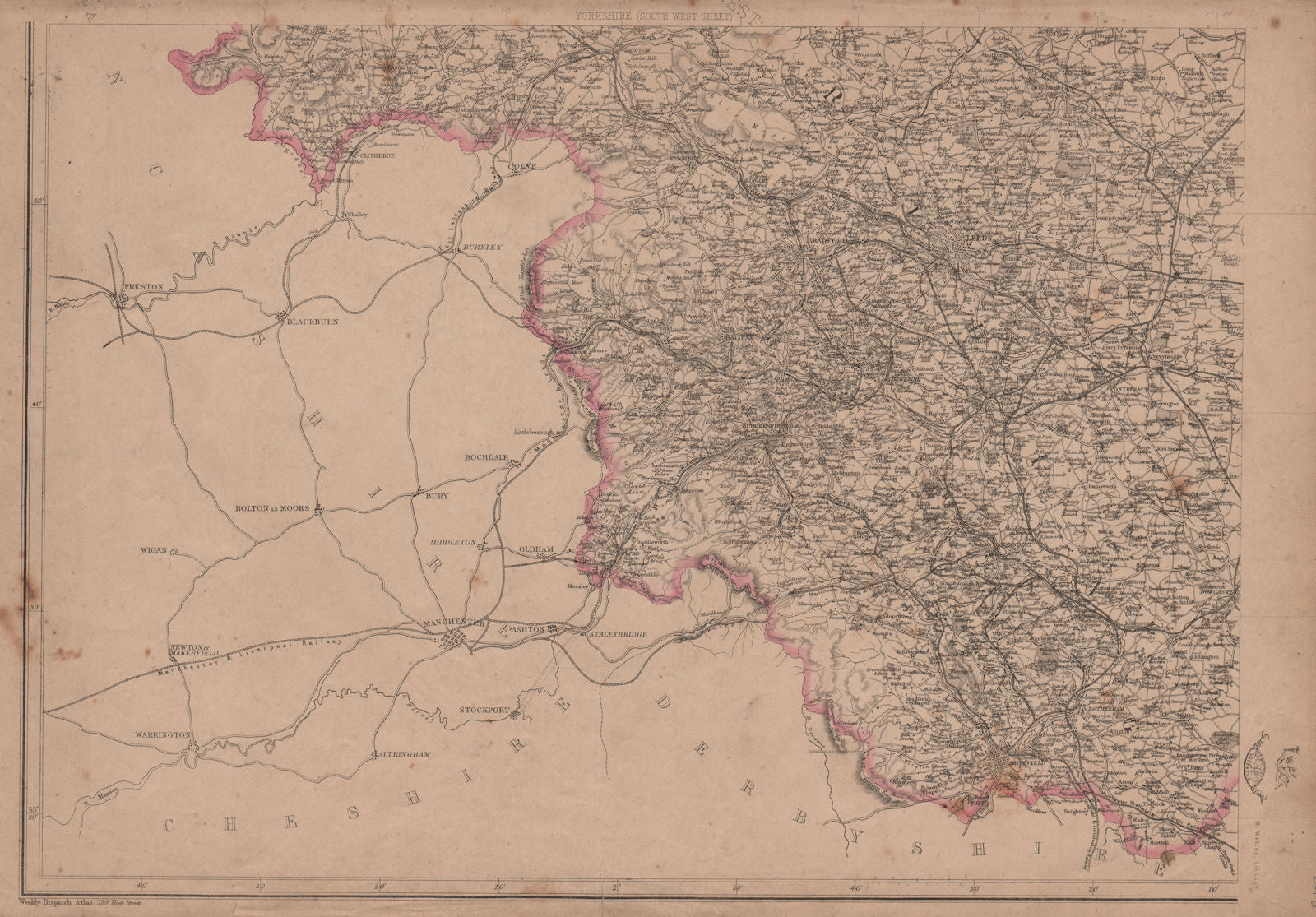 YORKSHIRE SOUTH WEST. Halifax Bradford Leeds Sheffield. WELLER 1862 old map